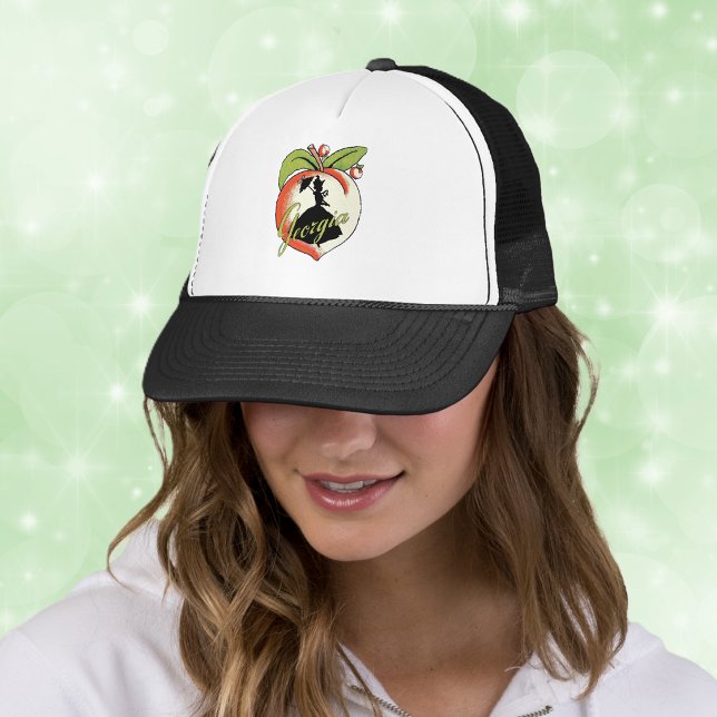 Vintage Georgia Peach Silhouette Southern Bell Keps (Southern belle hoop skirt silhouette on Georgia peach with leaves on ball cap.)