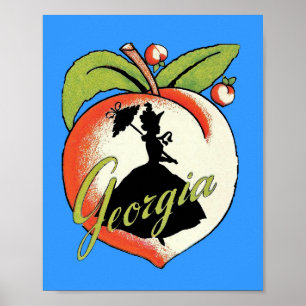 Vintage Georgia Peach Silhouette Southern Bell Poster