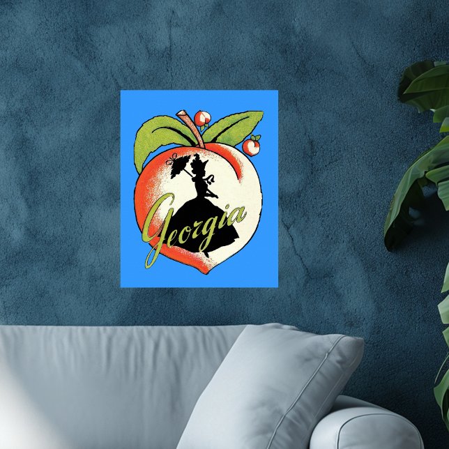 Vintage Georgia Peach Silhuett Southern Bell Poster (Black Sillhouette Southern Belle lady hoop skirt parasol on peach on blue wall poster.)