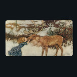Vintage Gerda och Rener av Edmund Dulac Fraktsedel<br><div class="desc">Vintage illustrerar klassiska sagor och leksaksliknande rymbilder för barn med Gerda och Rener av Edmund Dulac. 1911 Gerda och Reindeer kommer från historien "The Snö Queen" i Bok "Stories from Hans Andersen" av Hans Christian Andersen. Gerda och Reindeer har ett barn, en flicka som heter Gerda, som kysser en renare...</div>