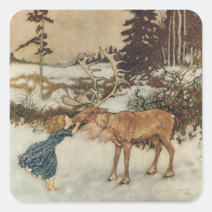 Vintage Gerda och Rener av Edmund Dulac Fyrkantigt Klistermärke