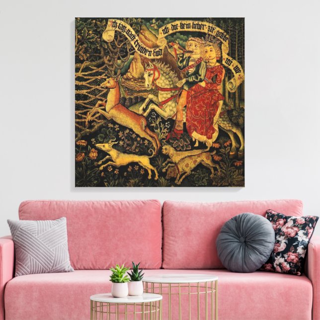 Vintage German Medieval Renaissance Kärlek Hunting Canvastryck (Insitu (Vardagsrum))