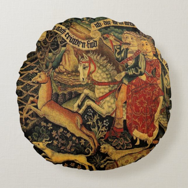 Vintage German Medieval Renaissance Kärlek Hunting Rund Kudde (Framsidan)