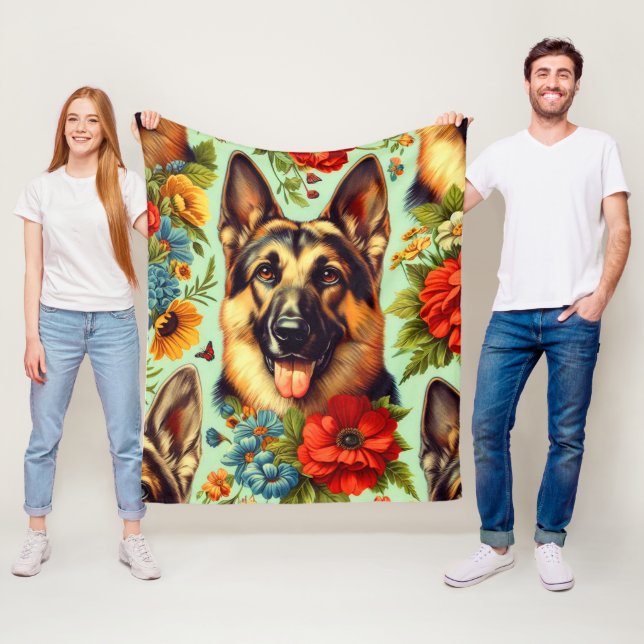 Vintage German Shepherd Blommigt Fleecefilt (På plats)
