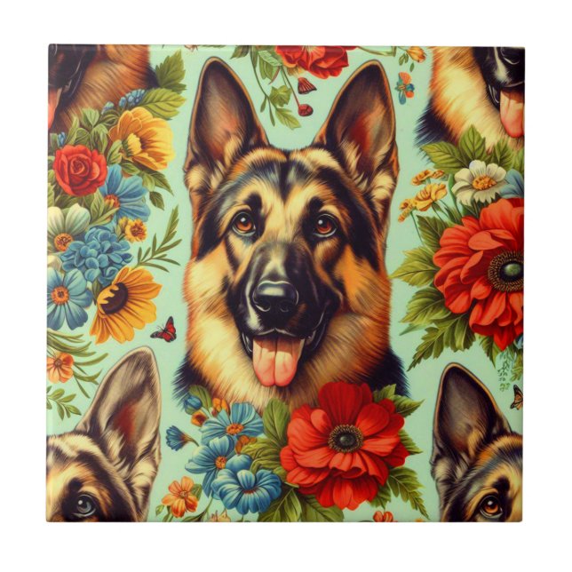 Vintage German Shepherd Blommigt Kakelplatta (Framsidan)