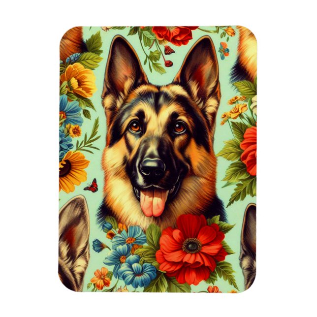 Vintage German Shepherd Blommigt Magnet (Vertikal)