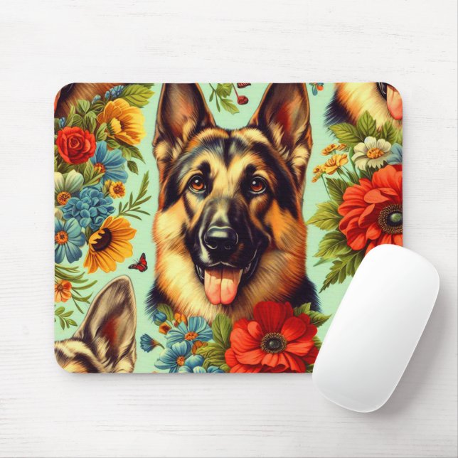 Vintage German Shepherd Blommigt Musmatta (Med mus)