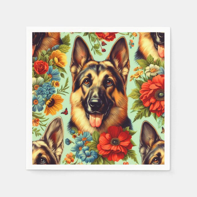 Vintage German Shepherd Blommigt Pappersservett (Framsidan)