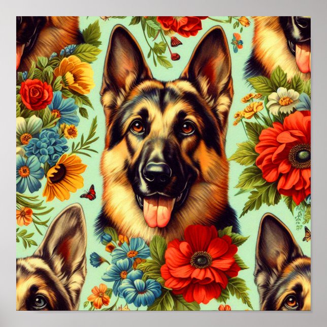 Vintage German Shepherd Blommigt Poster (Framsidan)