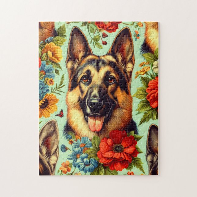 Vintage German Shepherd Blommigt Pussel (Vertikal)