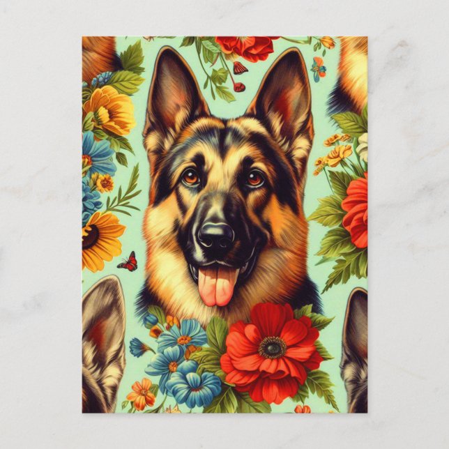 Vintage German Shepherd Blommigt Vykort (Framsida)