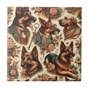 Vintage German Shepherd Illustration Kakelplatta