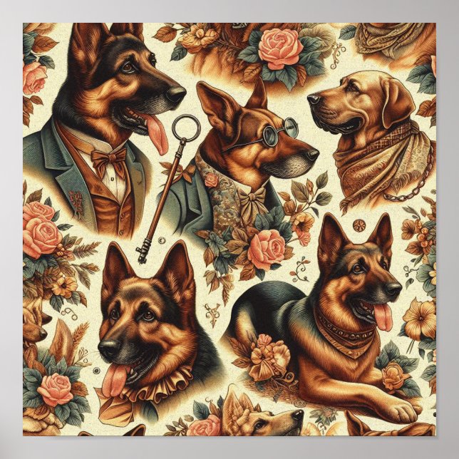 Vintage German Shepherd Illustration Poster (Framsidan)