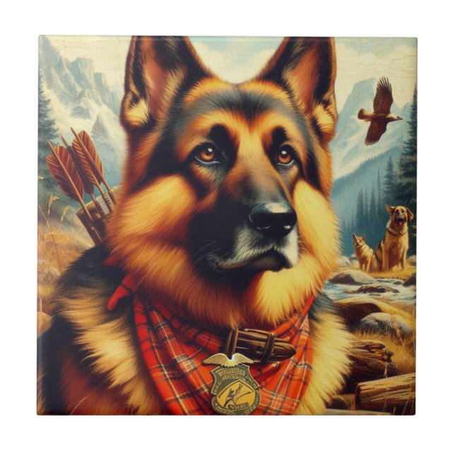 Vintage German Shepherd Painting Kakelplatta (Framsidan)