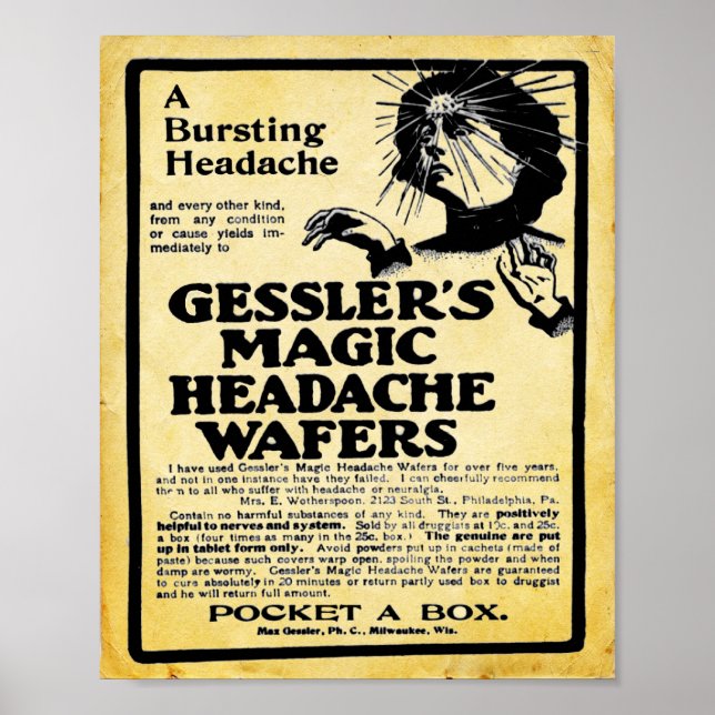 Vintage Gesslers Magic Headache Wafers Skriv ut Poster (Framsidan)