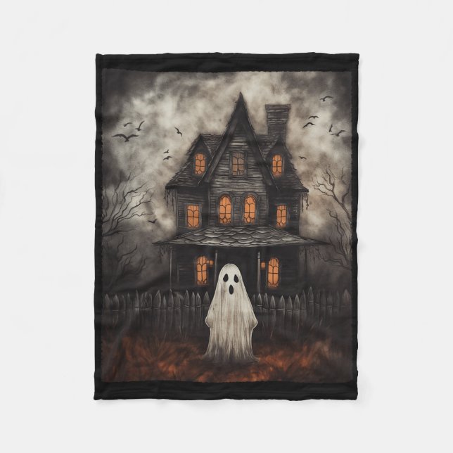 Vintage Ghost Haunted House Midnight Halloween Gho Fleecefilt (Framsidan)