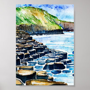 Vintage Giants Causeway Antrim Kusten vattenfärg Poster