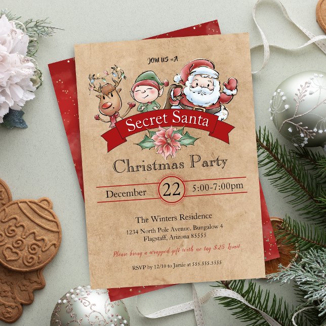 Vintage Gift Exchange Secret jultomte Inbjudningar (Vintage secret santa gift exchange party invitation for holiday office party or white elephant gifts)