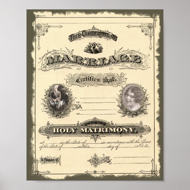 Vintage Giftermål-certifikat med Foto ramar Poster (Framsidan)