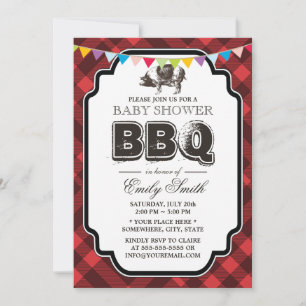 Vintage Gingham Gris Roast Baby Shower BBQ Inbjudningar