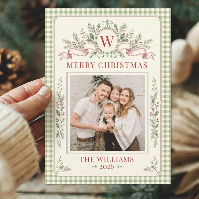 Vintage Gingham Monogram Familje Jul Foto Julkort (Personalize this elegant vintage gingham Christmas card with your photo, name, year, and monogram)