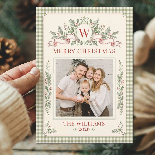 Vintage Gingham-monogram familje julbild Julkort (An elegant vintage monogram photo gingham Christmas holiday card.)