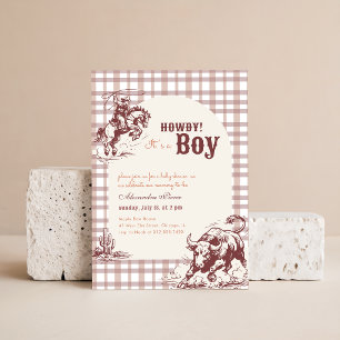 Vintage Gingham Västerländsk Liten Cowboy Babyfira Inbjudningar