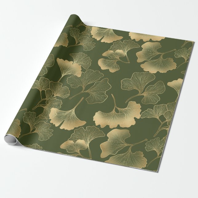 Vintage Ginkgo Bladsmönster Presentpapper (Utrullad)
