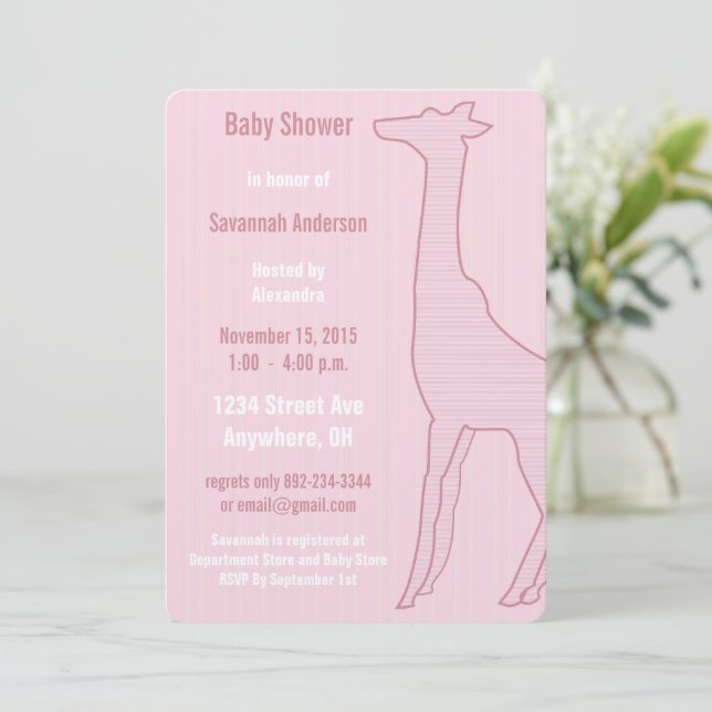 Vintage Giraffd-randig babyflicka shower inbjudan (Stående Fram)
