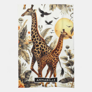 Vintage Giraffe Blommigt Watercolor Kökshandduk