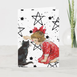 Vintage Girl and Black Cat Halloween Helgkort