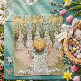 Vintage Girl and Easter Bunnies Singing Pussel