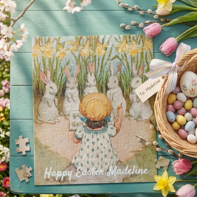Vintage Girl and Easter Bunnies Singing Pussel (Skapare uppladdad)