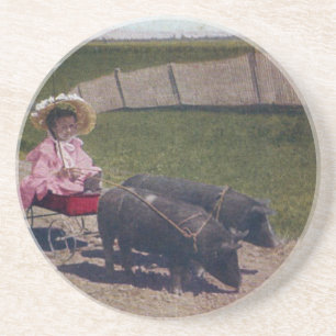Vintage Girl and her Pet Grisar Underlägg Sandsten