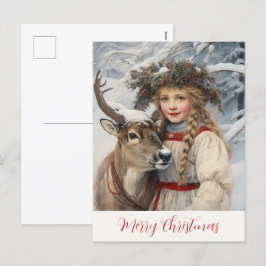 Vintage Girl and Reindeer jul Card Helg Vykort