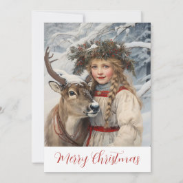 Vintage Girl and Reindeer jul Card Julkort