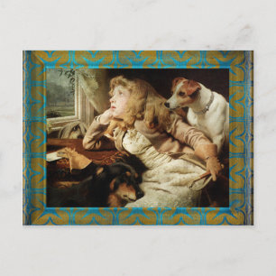 Vintage Girl and Two Hundar Grunge Framework Vykort