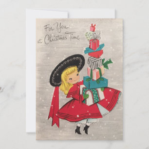 Vintage Girl Brings Gifts Helgdag Card Julkort