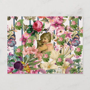 Vintage Girl & Cat Rosor Flowers Rand Mönster Vykort