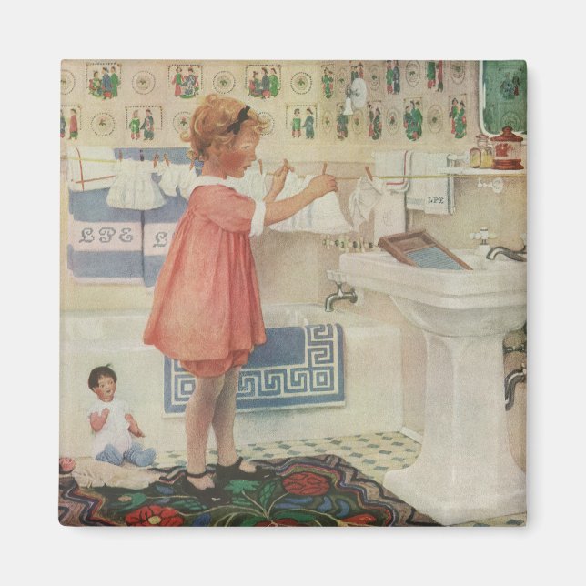 Vintage Girl, Child Doing Tvätt Hanging Clothes Magnet (Framsidan)