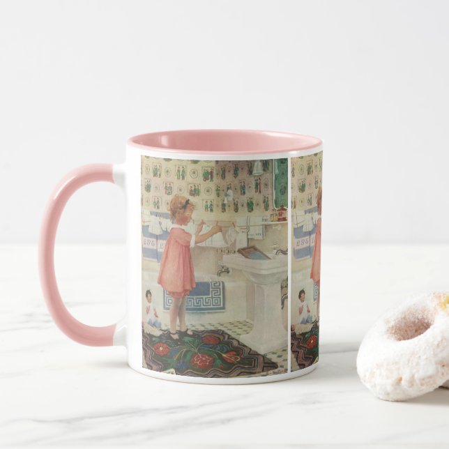 Vintage Girl, Child Doing Tvätt Hanging Clothes Mugg (Med munk)
