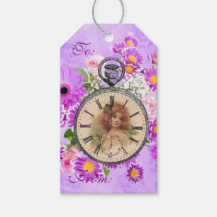 Vintage Girl Clock Watch Lila Blommigt Gift Märkr Presentetikett