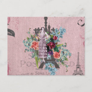 Vintage Girl Corloful Röd ros Paris Eiffel Torn Vykort