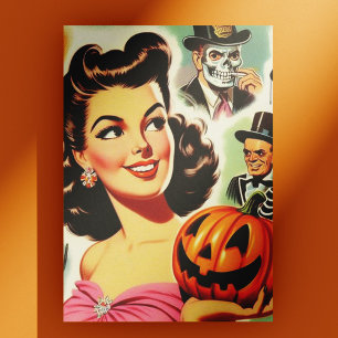 Vintage Girl Halloween Illustration Vykort