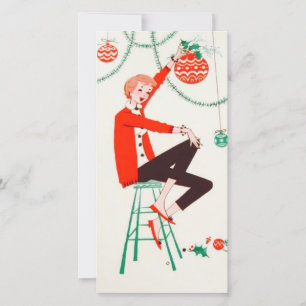 Vintage Girl Holding Ornaments Helgdag C Julkort