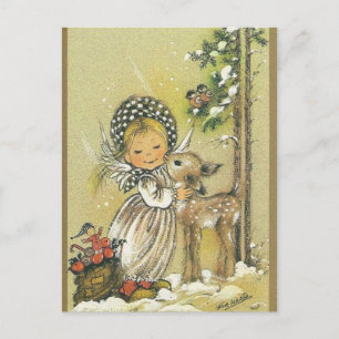 Vintage Girl Hugger Baby Hjort Vykort