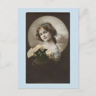 Vintage Girl in Blue Vit ros vycard Vykort