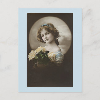 Vintage Girl in Blue Vit ros vycard Vykort