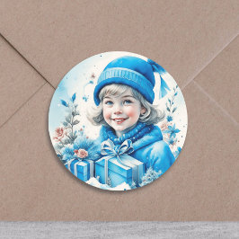 Vintage Girl in Blue with Gift Box and Flowers Runt Klistermärke