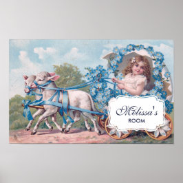Vintage Girl in Carriage Drives by Lambs Poster